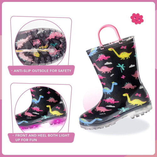 Botas de chuva infantis impermeáveis com luzes, estampas e glitter, com alças, para meninos e meninas. 2