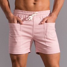 Pantalones cortos deportivos casuales de algodón de tres puntos para hombre, color liso, cintura de tiro medio con cordón ajustable y bolsillos, de