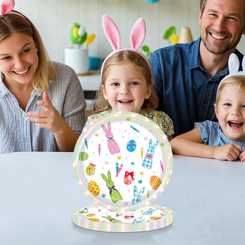 Colorful Easter Bunny Tableware Set – Cute Rabbit & Flower Pattern, Disposable Dinnerware Compatible with Easter Eggs Party Decor 1