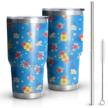 Copo térmico de 30 oz com estampa floral e isolamento a vácuo, com tampa e