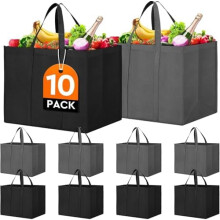 Sacs à provisions réutilisables, lot de 10 grands sacs pliables, avec longues anses, pour faire ses courses et ses vêtements (gris foncé et noir)