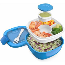 Saladier étanche de 1,6 L avec plateau à 4 compartiments, pot à vinaigrette, fourchette réutilisable, sans BPA ; plateau bento amovible (bleu)