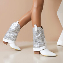 Bottes de cowgirl pour jeunes femmes, bottes d'automne et d'hiver à bout pointu et à talons hauts épais, pointure 43 (9,5)