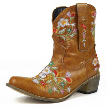 Ghete de damă cu vârf ascuțit, stil retro, toc mediu, brodate, stil western, stil cowboy, mărimea 36, galben