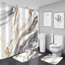 4-teiliges Duschvorhang-Set in weißem Marmor-Design mit Teppich, WC-Deckel und Haken – Modernes abstraktes Badezimmerdekor in Grau und Gold,