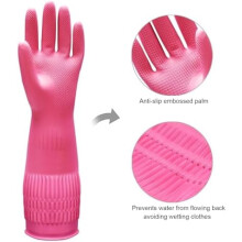 3 pares de guantes de goma para lavar platos – Puño largo de 38 cm, reutilizables, antideslizantes, flexibles (rojo/amarillo/verde, talla M),