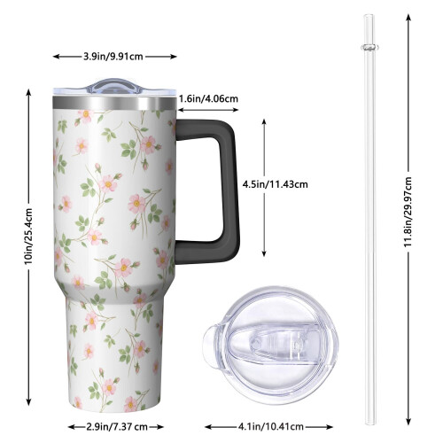 Ποτήρι Pioneer με 40oz, μονωμένο με λαβή και σχέδιο λουλουδιών, καπάκι και καλαμάκια 1