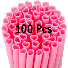100 Canudos de Plástico Rosa em Formato de Coração, Reutilizáveis, Ideais para Lembrancinhas de Festa, Aniversários, Chás de Panela e