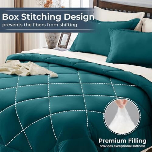 Queen Comforter Set Peacock Blue Ivory 7-Piece 1