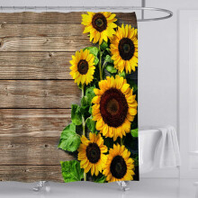 Cortina de chuveiro rústica estilo fazenda com estampa de girassol, flores de outono em celeiro rural e madeira. Conjunto de cortinas para banheiro