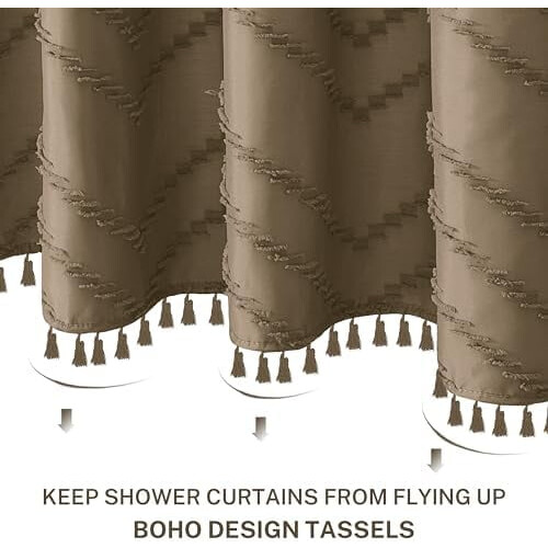 Cortina de chuveiro boho extra longa, tecido trançado 84 polegadas cáqui, 72x84 polegadas, com estampa chevron moderna e elegante, texturizada e 2