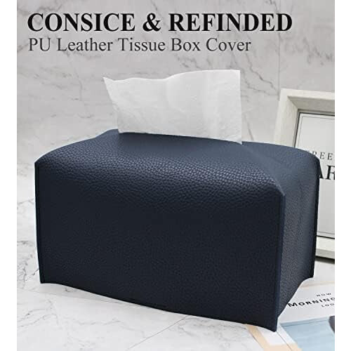 Rectangular PU Leather Tissue Box Cover Navy Blue 1