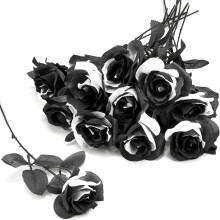 Conjunto de 10 rosas artificiais pretas e brancas com hastes – imitação de seda, realistas, perfeitas para decoração de casamentos (góticos e
