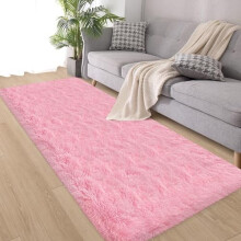 Rosa lurvig löparmatta 6x1,8 m – Mjuk, tvättbar, halkfri, för flickrum, barnrum, studentrum och hall – Plyschig, fluffig matta