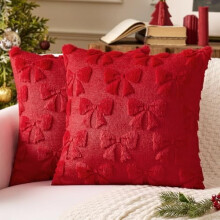 Fodere per cuscini natalizie con fiocco rosso, set da 2, 45x45 cm, morbide federe in finta pelliccia per letto/divano/poltrona – Decorazione