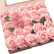 25 rosas realistas de espuma rosa pêssego com hastes – para buquês de casamento DIY, chá de panela, centros de mesa e decoração de casa –