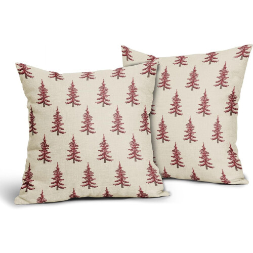 Conjunto de 2 capas de almofada com estampa de árvore de Natal, 45x45 cm, vermelhas rústicas. 2
