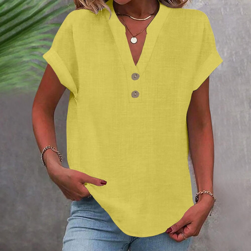 VERUGU Γυναικείο Μπλούζα με Κοντομάνικο V-Neck από Βαμβάκι-Λινό, Καλοκαιρινή Μπλούζα 1
