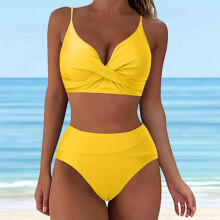 Badpakken voor dames, effen kleur, gekruist model, 2-delige set met verstelbare bandjes, bikinitop en bikinibroekje met hoge taille.