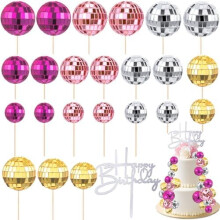 24 decorazioni per cupcake a forma di palla da discoteca – Decorazioni per torte di compleanno in stile retrò anni '70/'80 (rosso rosa, rosa,