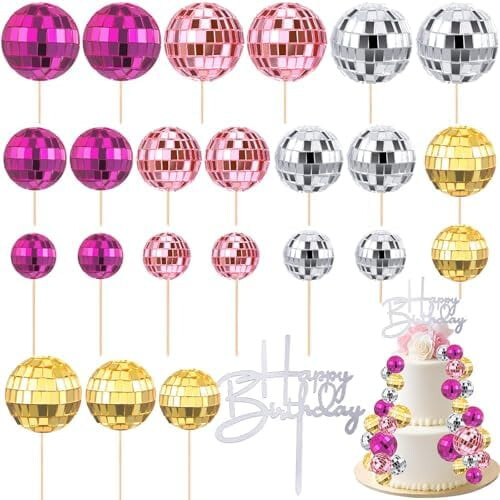 24 τεμάχια διακοσμητικά για cupcakes με μπάλες ντίσκο – Ρετρό διακοσμήσεις τούρτας