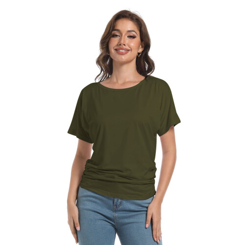 Womens Short Sleeve Boat Neck Side Shirring Dolman Drape Top 2