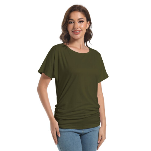 Womens Short Sleeve Boat Neck Side Shirring Dolman Drape Top 1