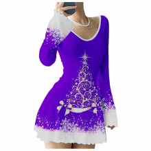 Damekjole med V-hals, lange ærmer og snefnug, blondekant, polyester-spandex strik, S–2XL – Vinterkjole til fest og fest, kompatibel med