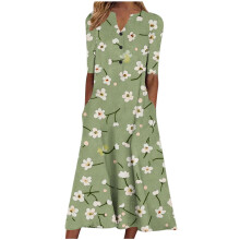 Plus size damekjole med print, V-hals og korte ærmer, løs sommerkjole i A-form med lommer, S-3XL, komfortabelt fritidstøj