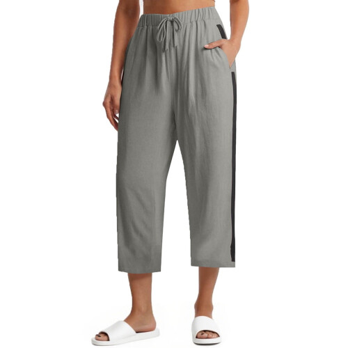 Γυναικείο Μονόχρωμο Παντελόνι Capris με Ρίγες στο Πλάι, Κορδόνι στη Μέση, με Τσέπες,