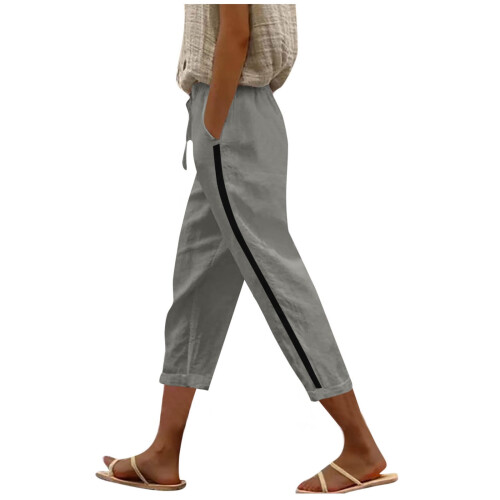 Γυναικείο Μονόχρωμο Παντελόνι Capris με Ρίγες στο Πλάι, Κορδόνι στη Μέση, με Τσέπες, 2