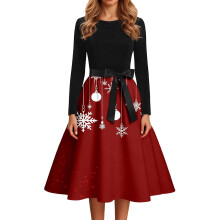 Vestidos de Navidad para mujer, manga larga, talla grande, corte A, cuello redondo, estilo swing, estampado, disfraz de fiesta vintage