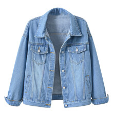 Veste en jean pour femme, manches longues, revers rabattus, délavage clair, couleur unie, légère, boutonnée, style classique, bleu clair