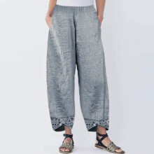 UTTOASFAY Pantaloni casual pentru femei, bumbac, in, imprimare, talie elastică neregulată, pantaloni largi cu picior larg, gri M