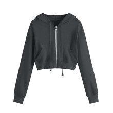 Geansaí Hoodie Liath Soladach le Zip, Seaicéad Pullover Muinchille Fada le Sreangán Tarraingthe & Pócaí - Barr Sráide Scaoilte Ócáideach do