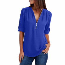 Bluze de vară pentru femei, bluze Plus Size, cu guler în V, mâneci lungi, fermoar, tunică lejeră, bluză rulantă, culoare solidă, cămăși