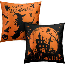 Décoration intérieure d'Halloween : Housses de coussin Château de sorcière et toile d'araignée (40 x 40 cm, lot de 2), orange/noir, compatibles