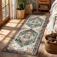 Tapis de couloir lavable 2x6, antidérapant, style bohème vintage, avec envers en caoutchouc, en fausse laine à poils courts résistante aux taches