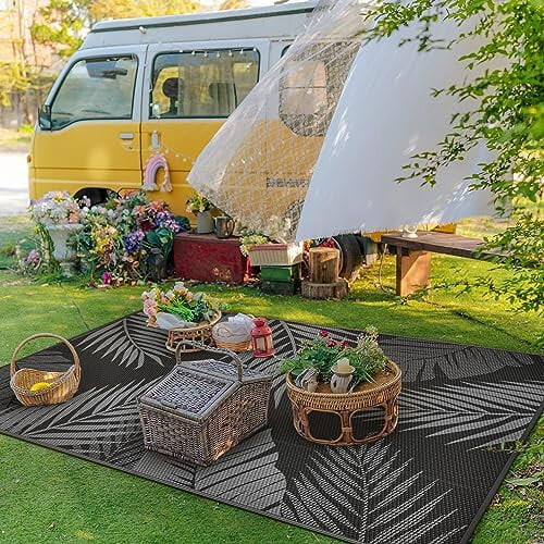 Outdoor Rug Waterproof 3'x5' Reversible Plastic Straw Black 2