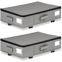 Conjunto de 2 caixas organizadoras com rodinhas para colocar embaixo da cama e porta-etiquetas.