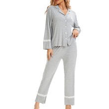 Ensemble pyjama 2 pièces pour femme, haut à manches longues et col en V et pantalon, vêtements de nuit avec poches, tailles S à 2XL