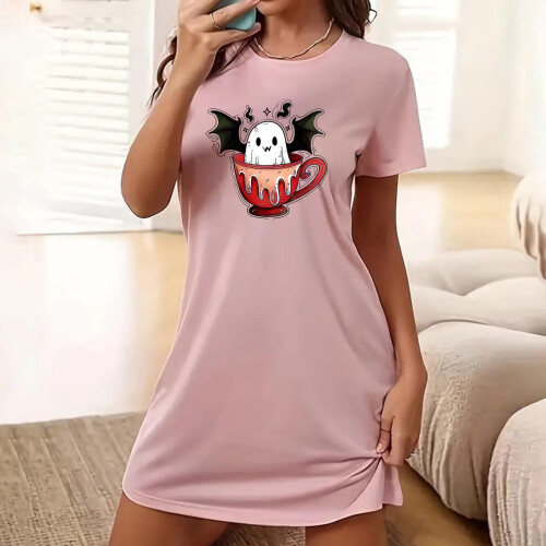Γυναικεία πιτζάμα Spooky Season Plus Size με στάμπα κινουμένων σχεδίων, κοντομάνικο φόρεμα 1