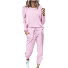 Damenpyjama, Loungewear-Set für Damen, lässiges zweiteiliges Set bestehend aus einem langärmeligen, einfarbigen Oberteil mit Rundhalsausschnitt