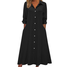 Elegantes Damenkleid mit V-Ausschnitt, Knopfleiste, knöchellang, Dreiviertelärmel, schick fürs Büro, minimalistisch, modern, feminin, perfekt