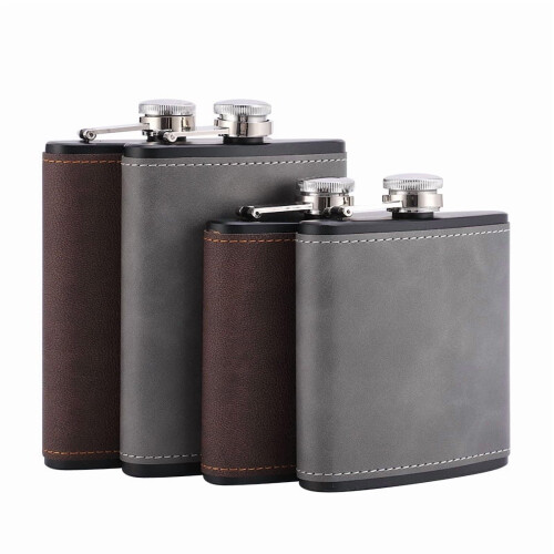 Edelstahl-Flachmann, braunes Leder, 177 ml 1