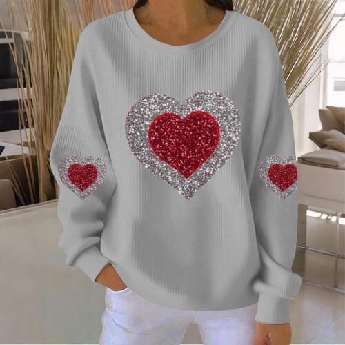 Felpa da donna a coste con scollo rotondo e cuore per San Valentino, lunga 1