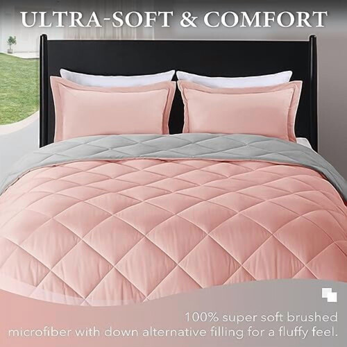 Queen Comforter Set Pink Grey 3-Piece 88x92 inch 1