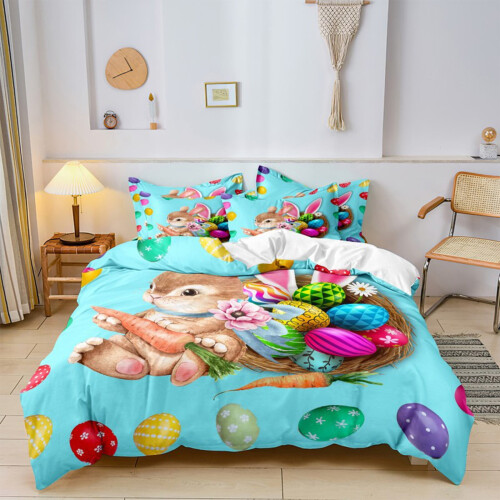 3PC Bunny Pattern Duvet Cover Set, Soft Microfiber, Breathable & Lightweight, Easter Bedding, Compatible with Standard Beds 1