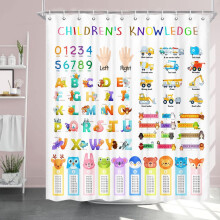 Kids ABC & Multiplication Table Shower Curtain, Cartoon Animal Alphabet Design, 48x70in, with Hooks – Compatible with Standard Bathroom Rods