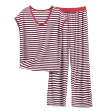 Damen-Nachtwäsche-Set in großen Größen aus Modal mit Streifenmuster: Ärmelloses Tanktop mit V-Ausschnitt + lockere Hose mit Seitentaschen.